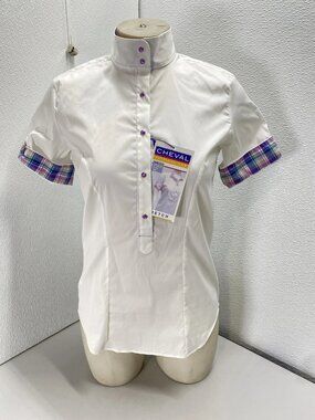Cheval Womens Polo Plaid Detail Show Shirt Size S White, Multicolor